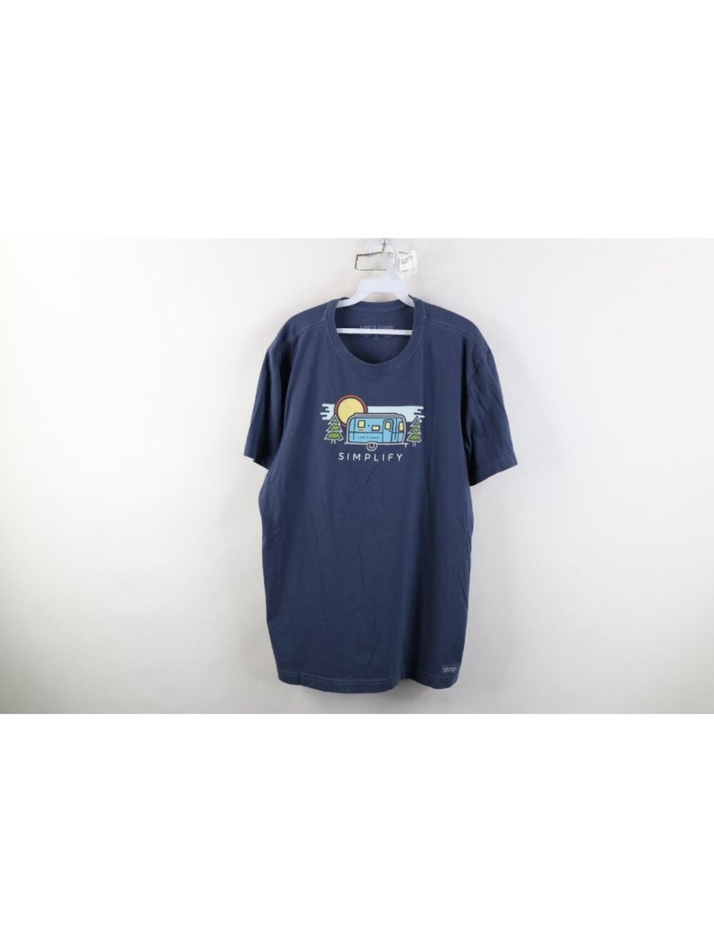 Life Is Good Mens Large Spell Out Simplify Camper Camping Outdoor T-Shirt Blue